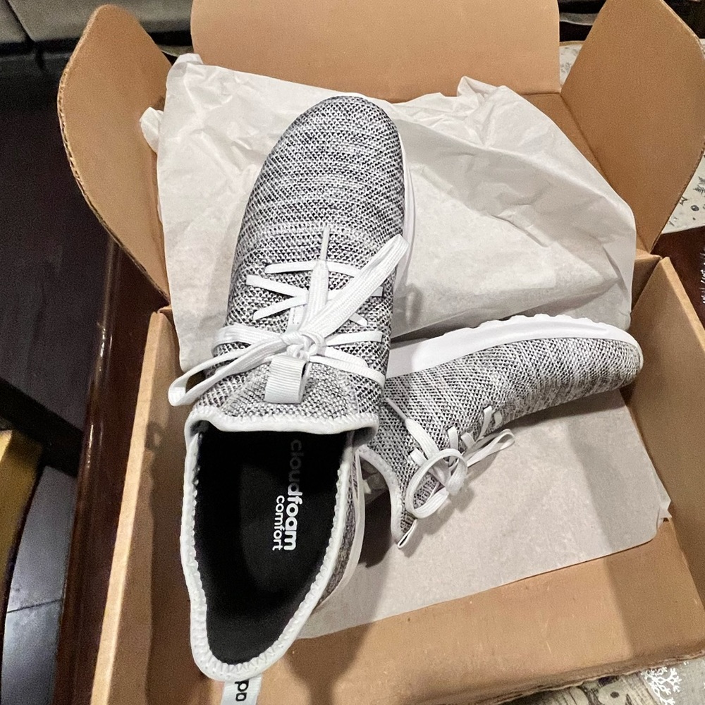 adidas Women’s Gray and White Cloudfoam Knit Sneakers - Picture 3 of 3